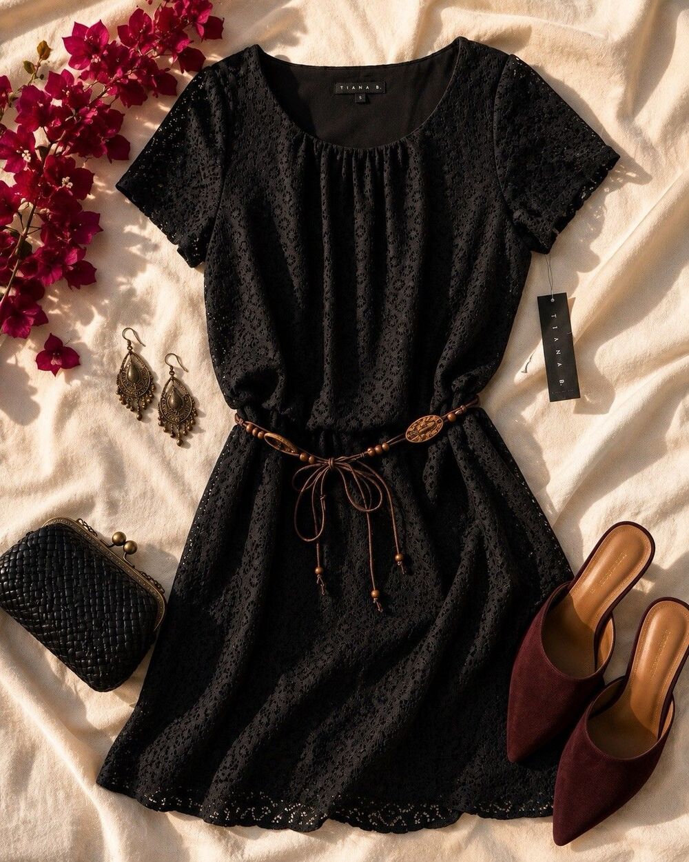 Tiana B Black Lace Belted Dress Size 10 NWT